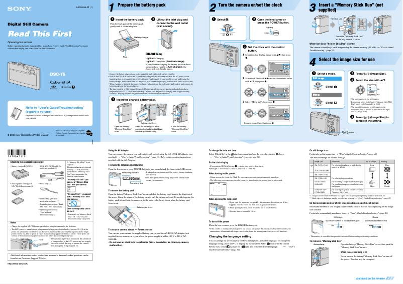 Page 1 de la notice Guide d'installation Sony Cybershot DSC-T5