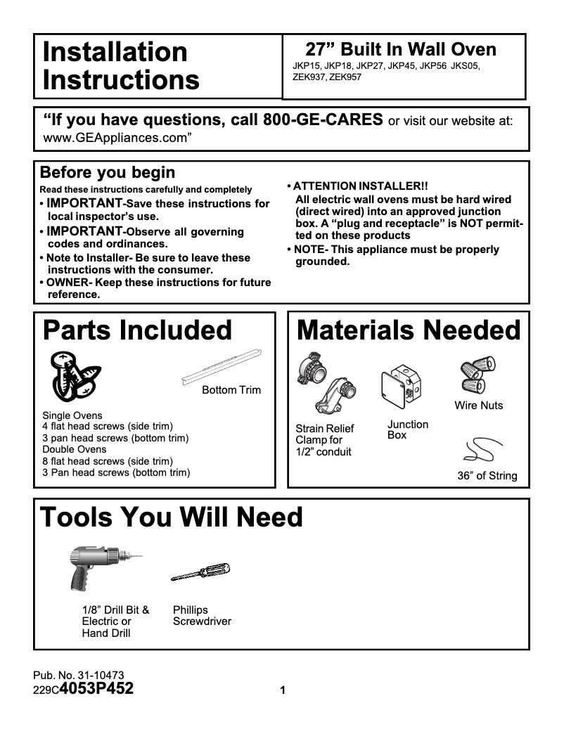Page n°1 - Guide d'installation GE ZEK957SDSS