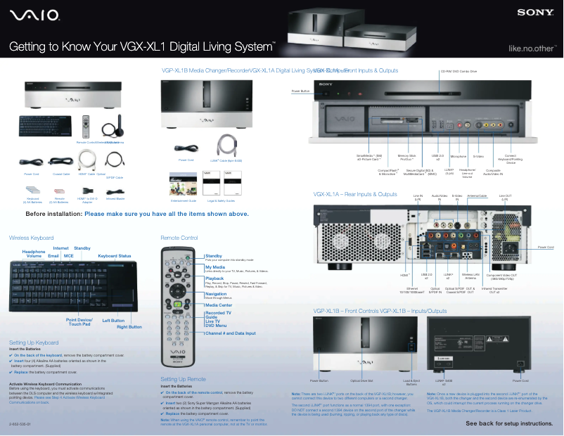 Page 1 de la notice Guide d'installation Sony VGP-XL1B