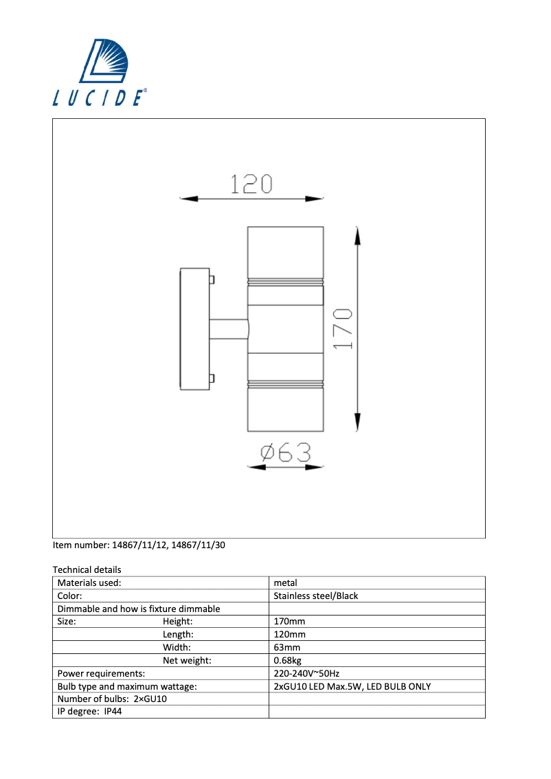 Page n°1 - Manuel utilisateur Lucide Arne 14867/11/30