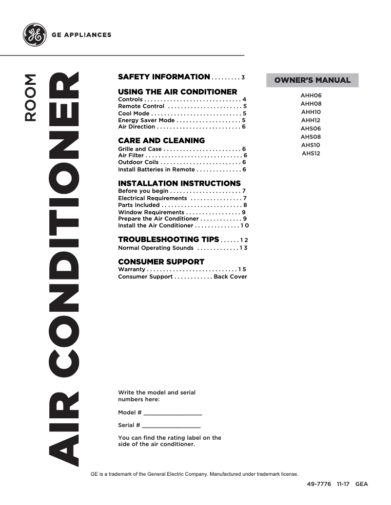 Page 1 de la notice Manuel d'utilisation et d'entretien GE AHS08LX