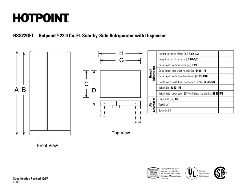 Page 1 de la notice Fiche technique Hotpoint HSS22GFTWW
