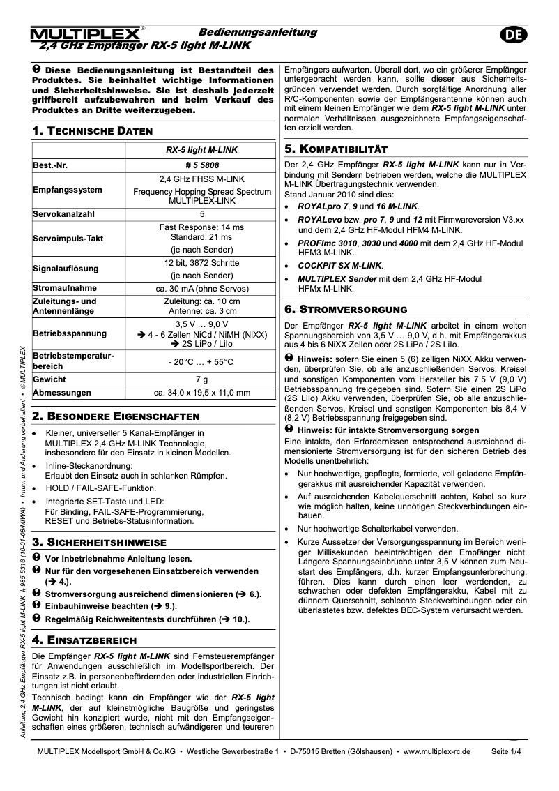 Page 1 de la notice Manuel utilisateur Multiplex RX-5 light