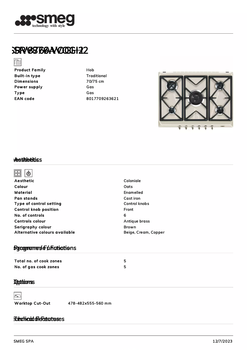 Page 1 de la notice Fiche technique Smeg SRV876AVOGH2