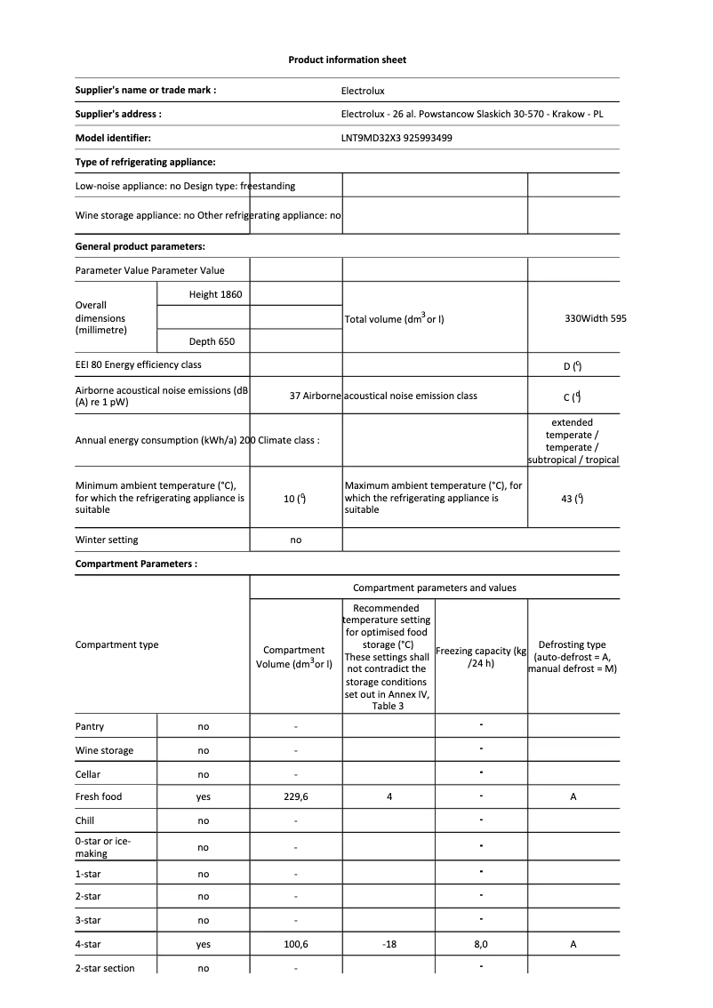 Page 1 de la notice Manuel utilisateur Electrolux LNT9MD32X3