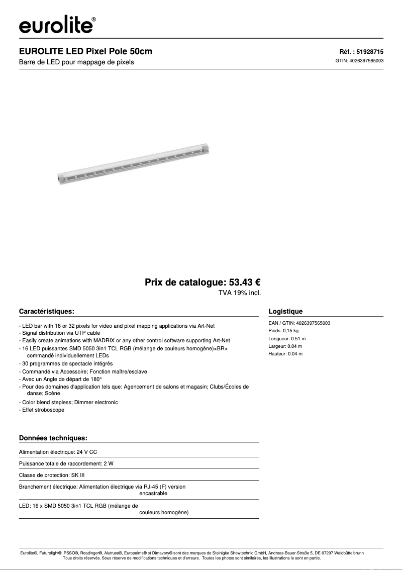 Page 1 de la notice Fiche technique Eurolite LED Pixel Pole