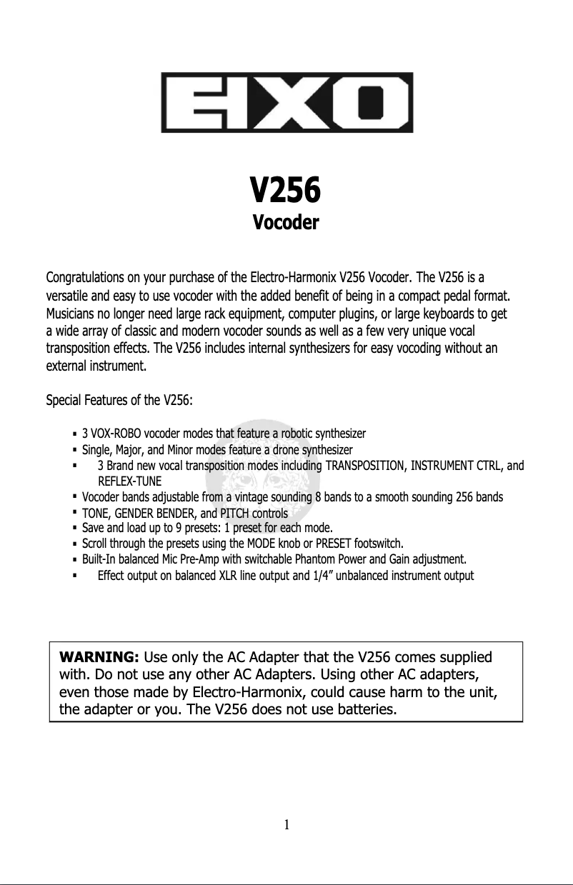 Page n°1 - Manuel utilisateur Electro Harmonix V256 Vocoder