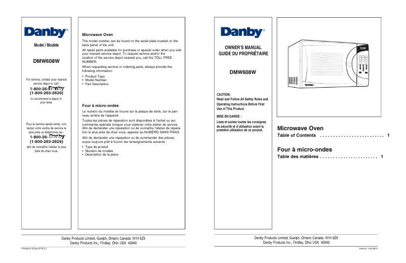 Page 1 de la notice Manuel utilisateur Danby DMW608W