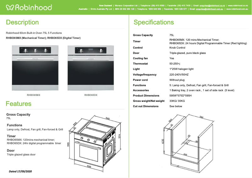 Page 1 de la notice Fiche technique Robinhood RHBO65MX