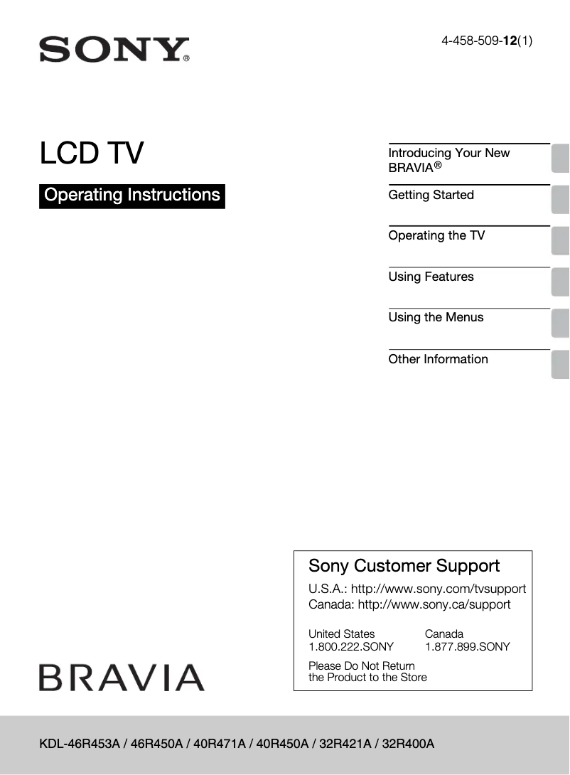 Page 1 de la notice Manuel utilisateur Sony Bravia KDL-46R450A