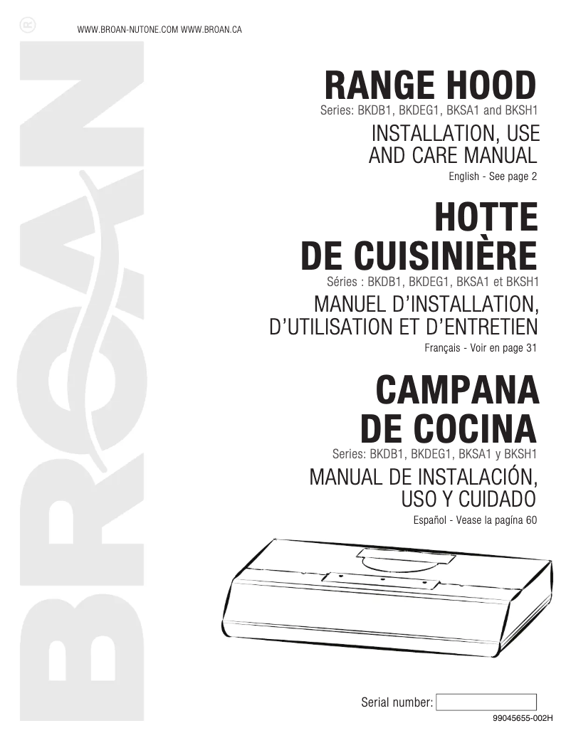 Page 1 de la notice Guide d'installation Broan BKSA130BL