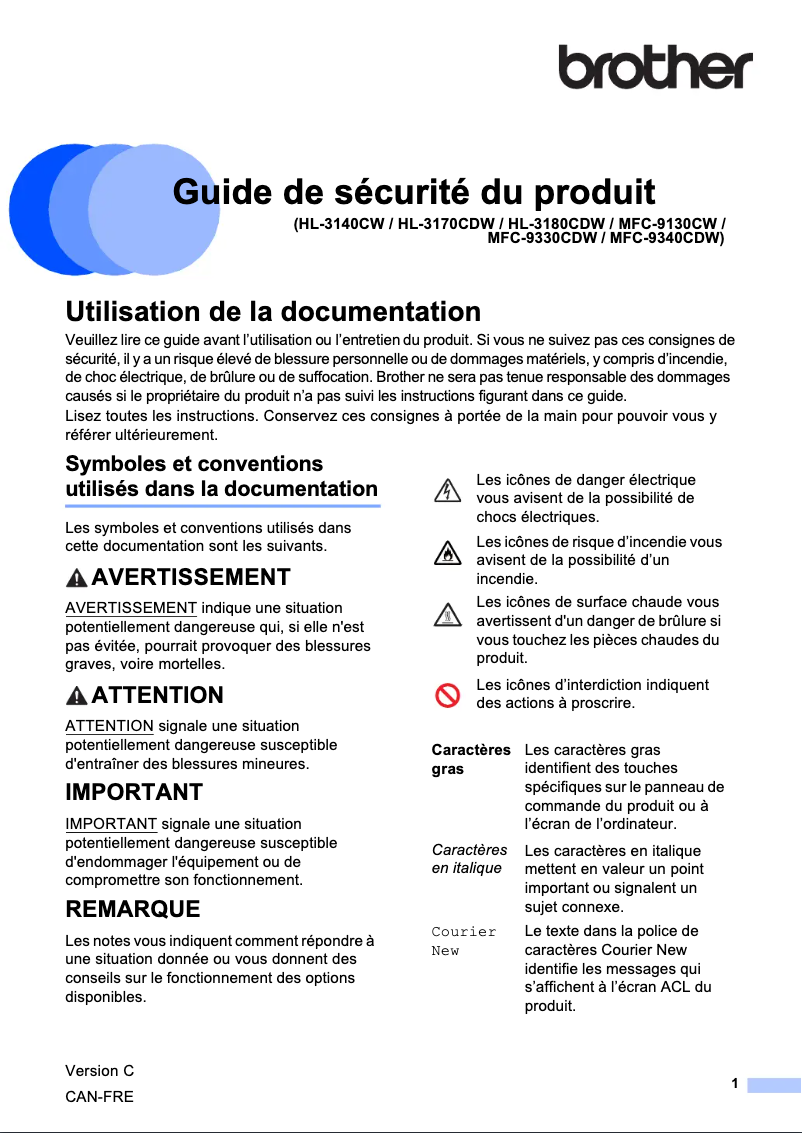 Page 1 de la notice Instructions de sécurité Brother HL-3180CDW