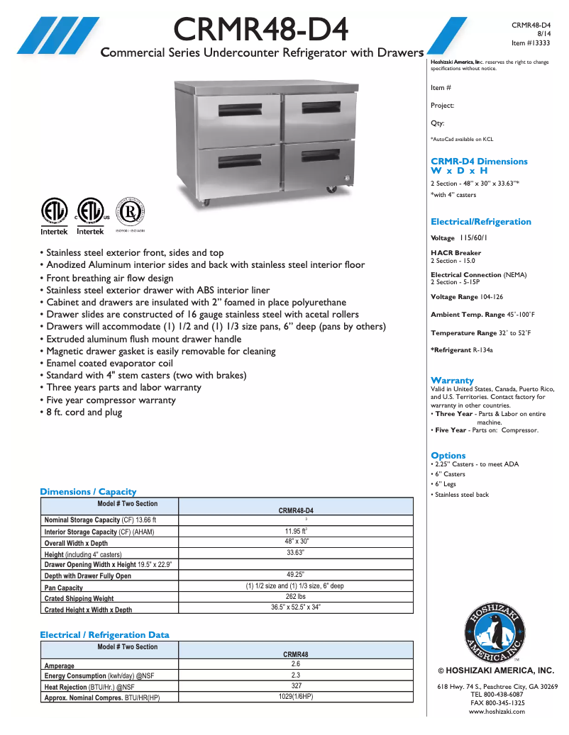 Page 1 de la notice Fiche technique Hoshizaki Commercial CRMR48-D4