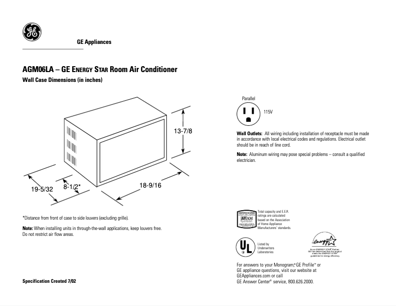 Page 1 de la notice Fiche technique GE AGM06LA