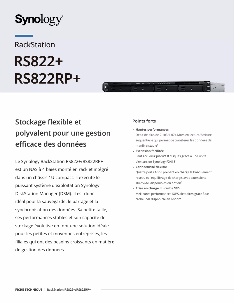Page 1 de la notice Fiche technique Synology RackStation RS822RP+