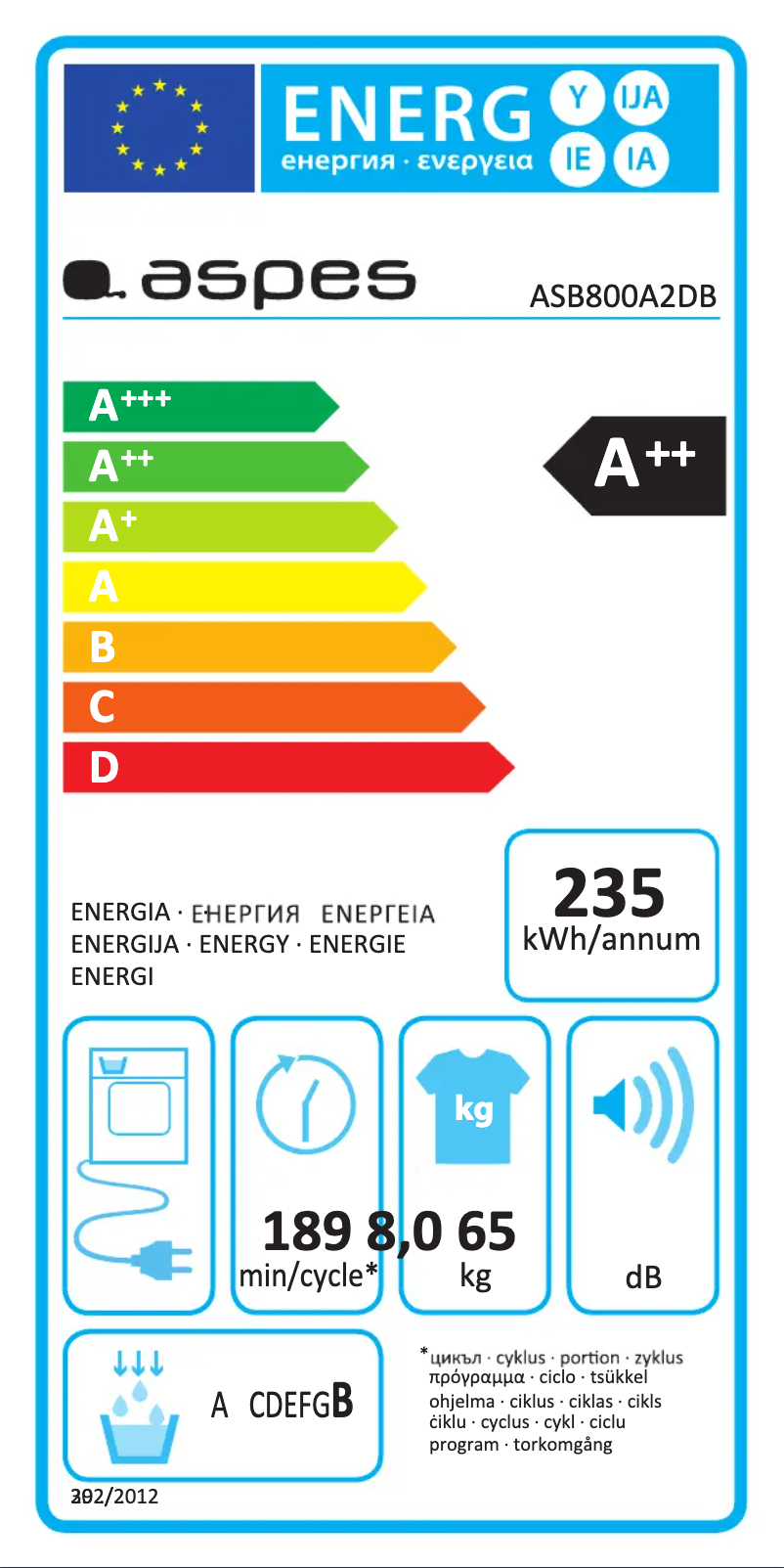 Page 1 de la notice Label énergétique Aspes ASB800A2DB