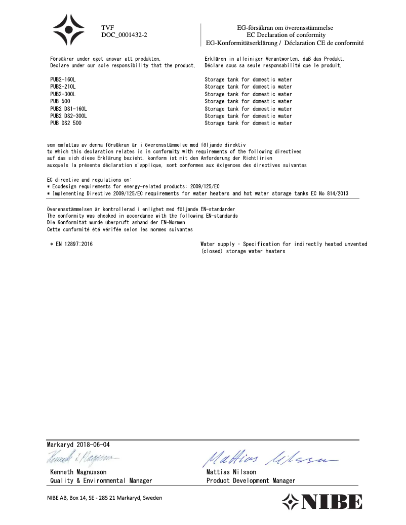 Page n°1 - Manuel utilisateur Nibe PUB2 500
