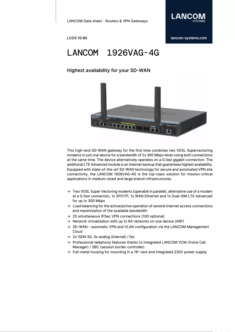 Page 1 de la notice Fiche technique Lancom 1926VAG-4G