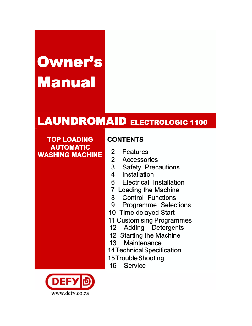 Page n°1 - Manuel utilisateur Defy Laundromaid Electrologic 1100