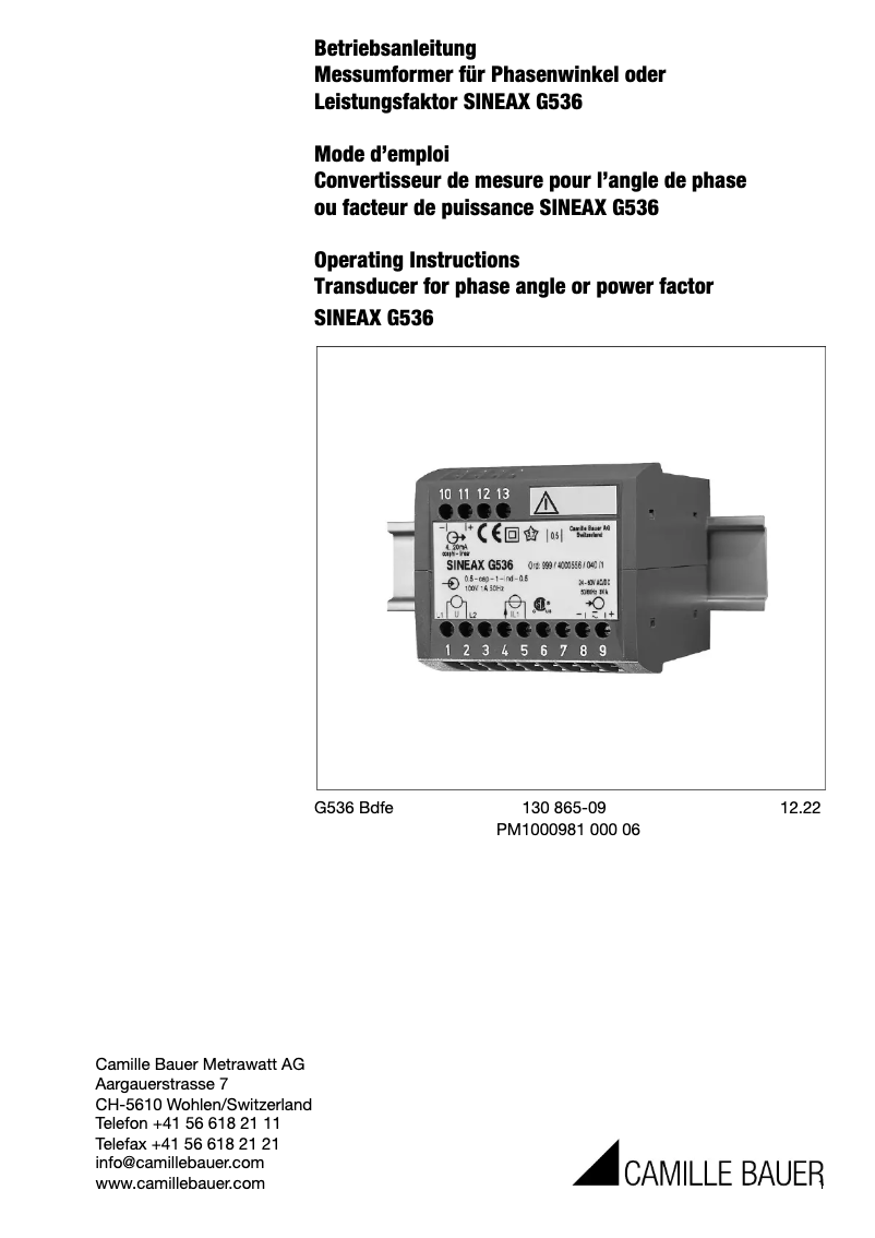 Page 1 de la notice Manuel utilisateur Camille Bauer SINEAX G536