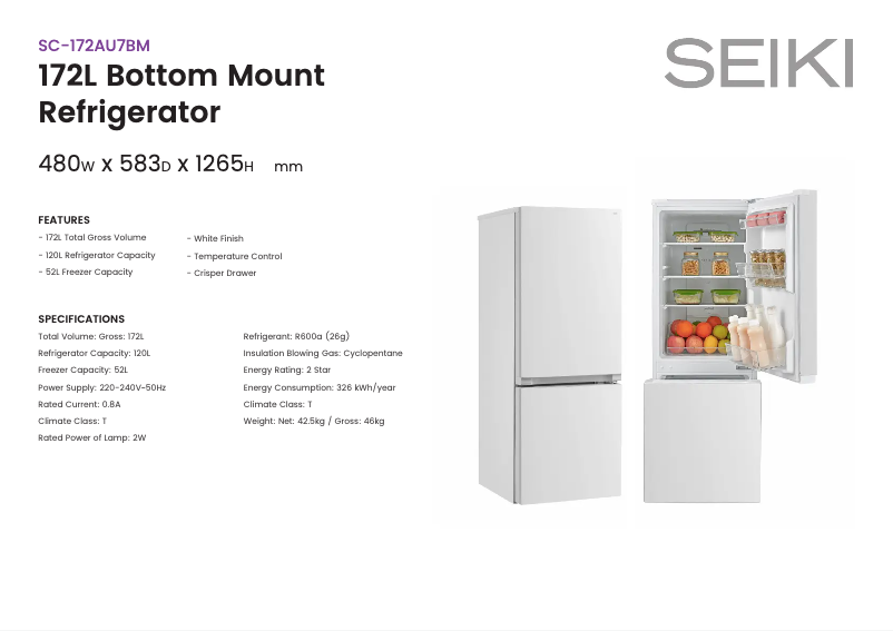Page 1 de la notice Fiche technique Seiki SC-172AU7BM