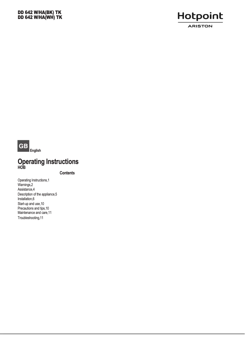 Page 1 de la notice Manuel utilisateur Hotpoint Ariston DD 642 W/HA (WH) TK