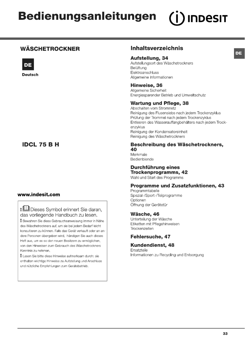 Image de la première page du manuel de l'appareil IDCL 75 B H (IT)