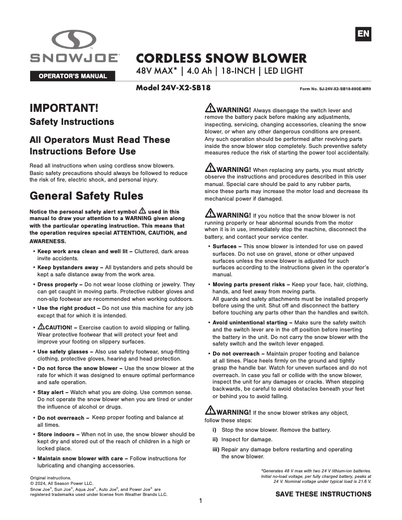 Page n°1 - Manuel utilisateur Snow Joe 24V-X2-SB18-CT