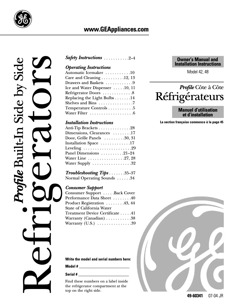 Page 1 of the manual Instruction Manual GE PSB42LSRBV