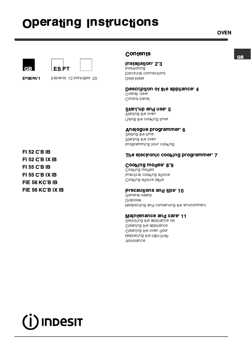 Page 1 de la notice Manuel utilisateur Indesit FIE 56 KC.B IX IB