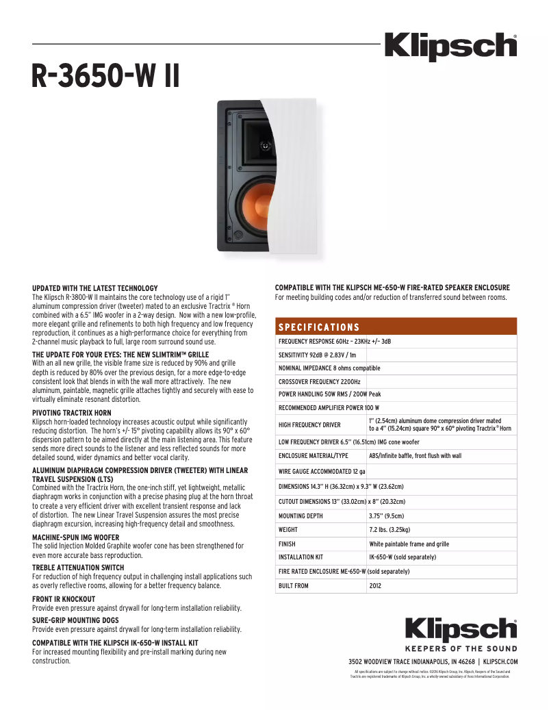 Page n°1 - Fiche technique Klipsch R-3650-W