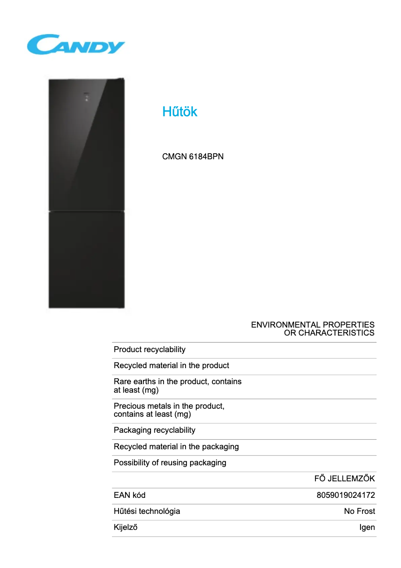 Page 1 de la notice Fiche technique Candy CMGN 6184BPN