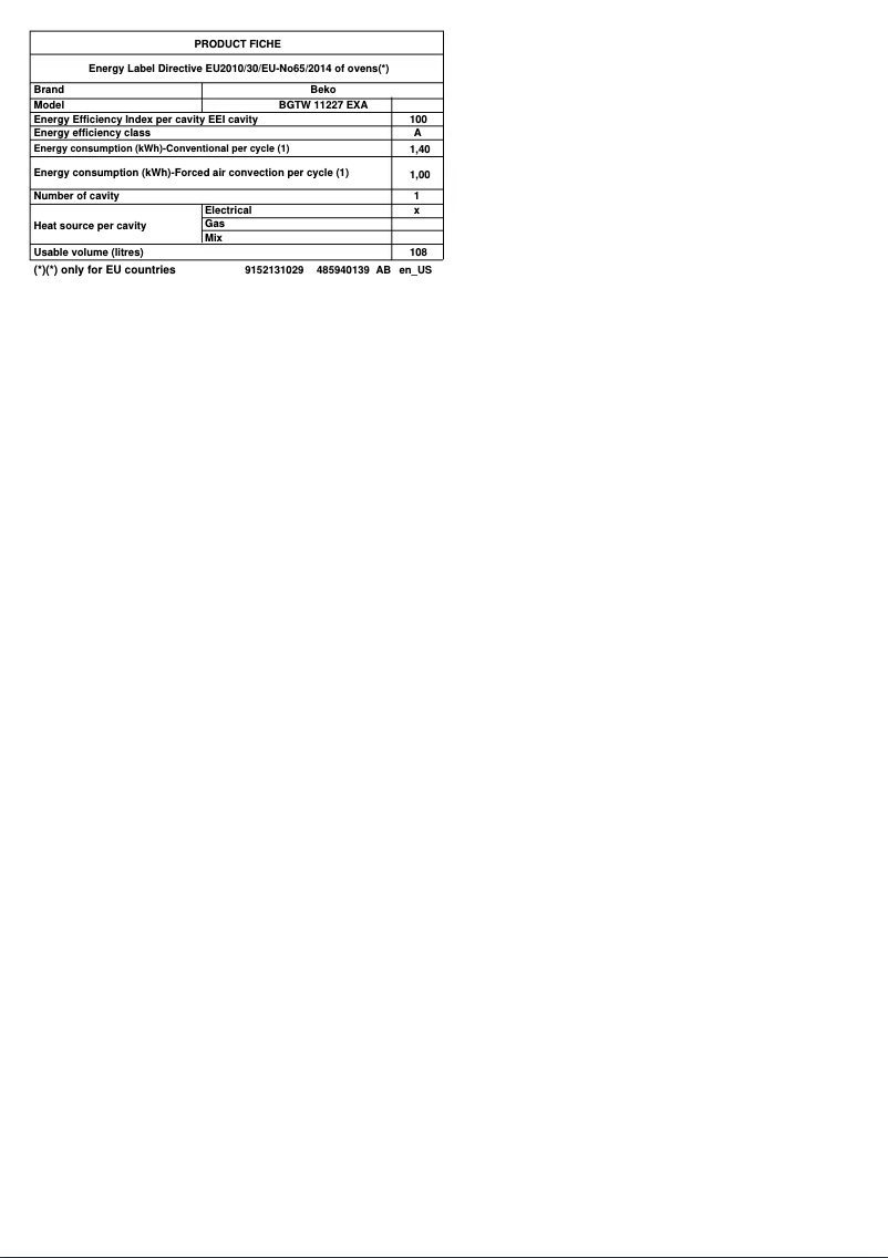 Page n°1 - Fiche technique Beko BGTW 11227 EXA
