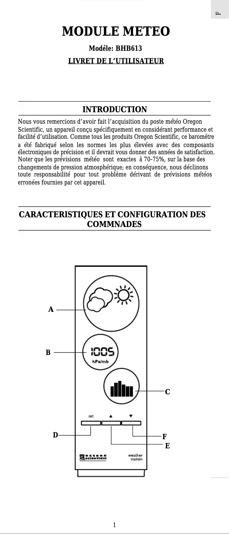 Page 1 de la notice Manuel utilisateur Oregon Scientific BHB613