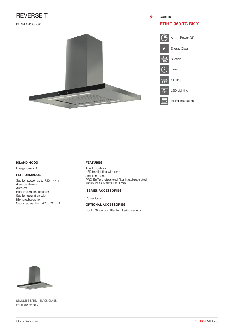 Page 1 de la notice Fiche technique Fulgor Milano FTIHD 960 TC BK X