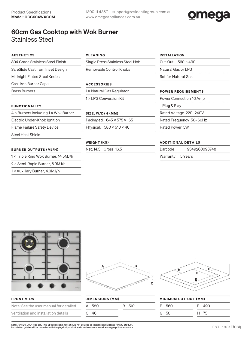 Page n°1 - Fiche technique Omega OCG604WXCOM