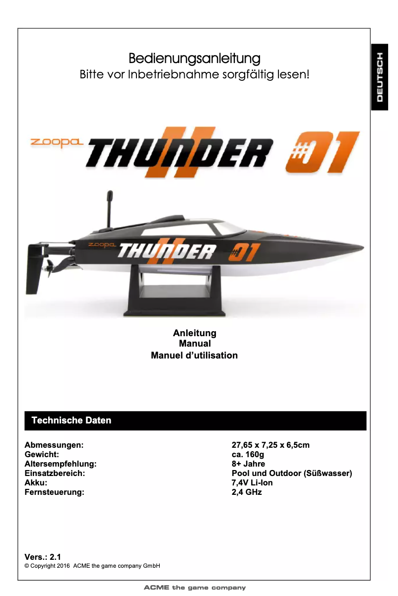 Page n°1 - Manuel utilisateur Acme Made Zoopa Thunder #01