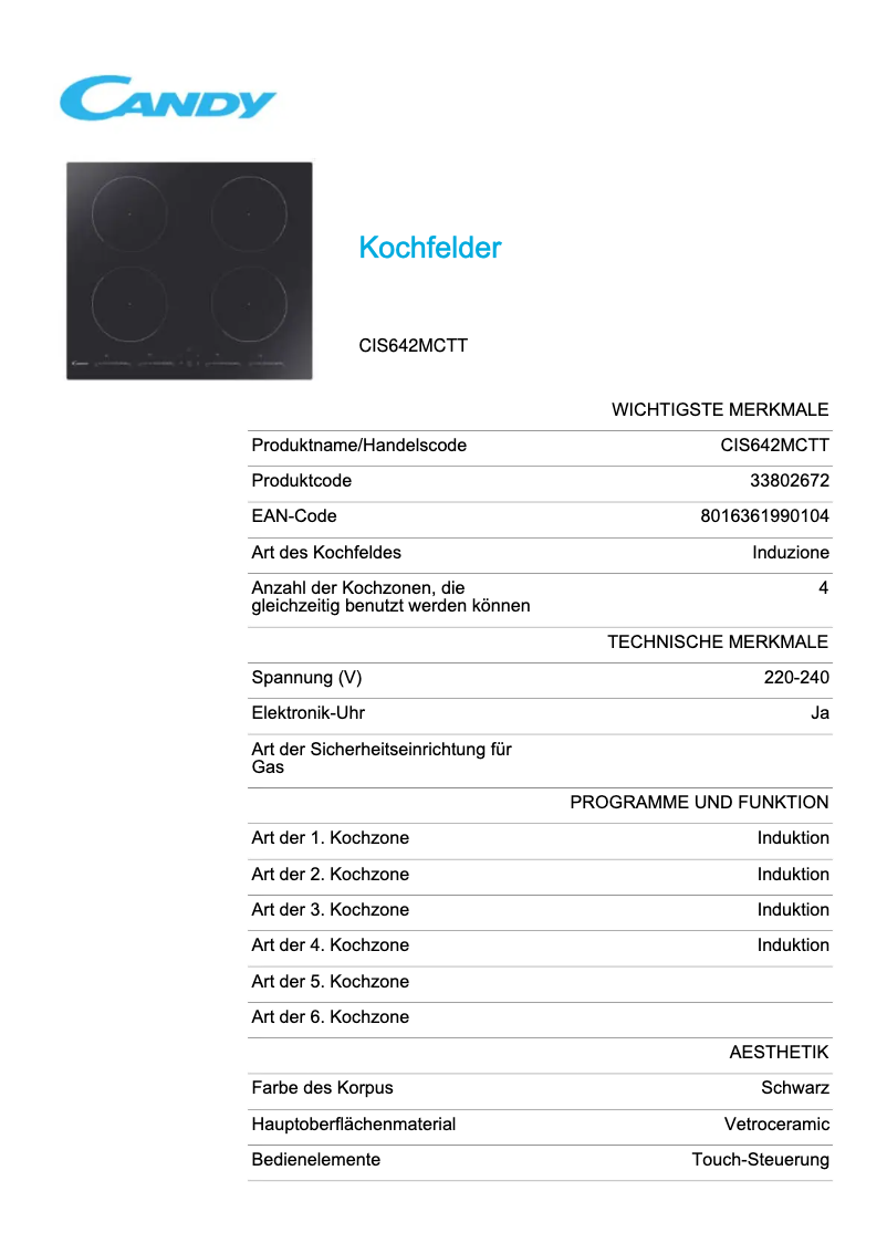 Page n°1 - Fiche technique Candy CIS642MCTT