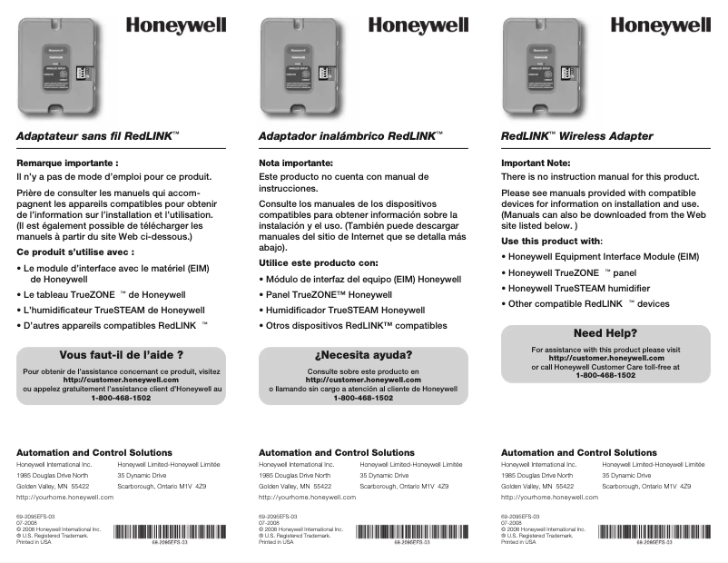 Page 1 de la notice Manuel utilisateur Honeywell THM4000R1000