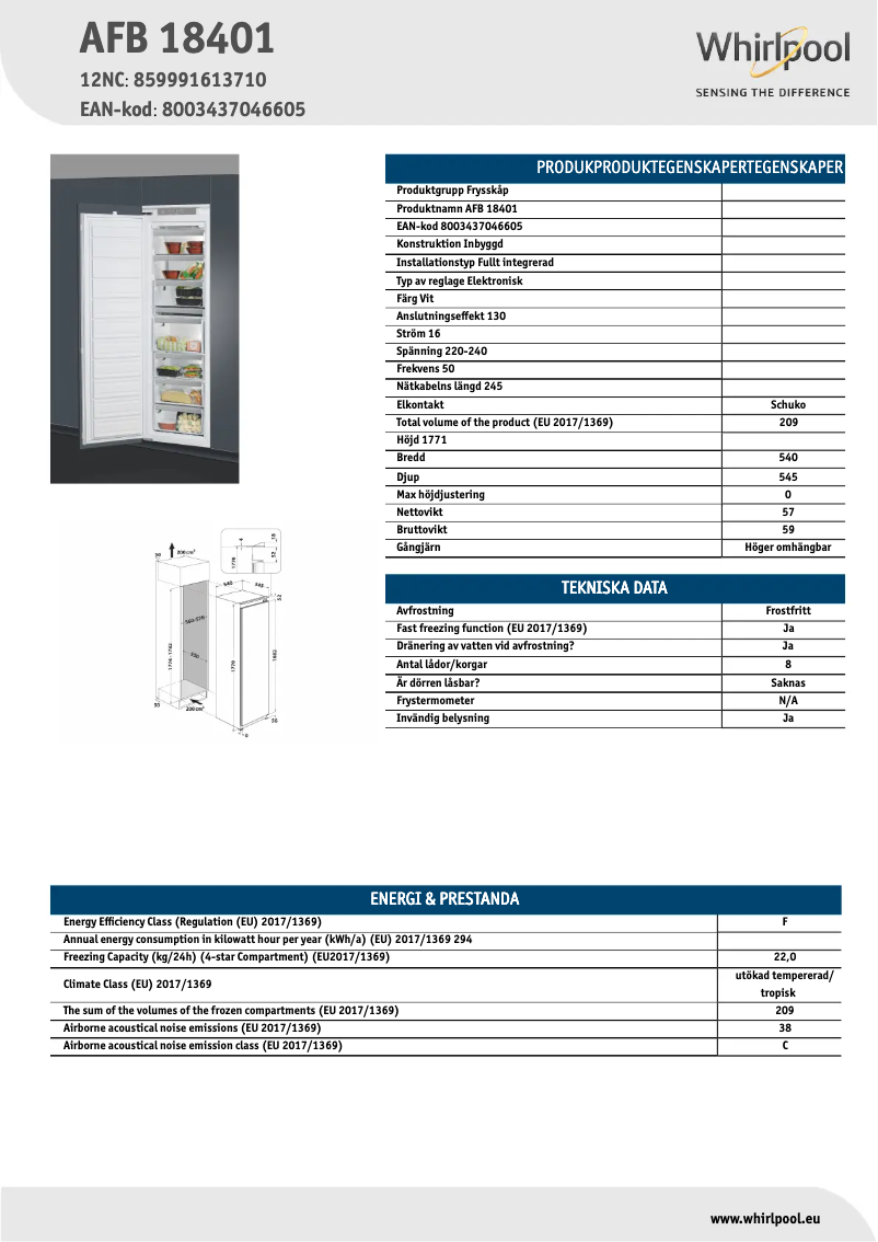 Page 1 de la notice Fiche technique Whirlpool AFB 18401
