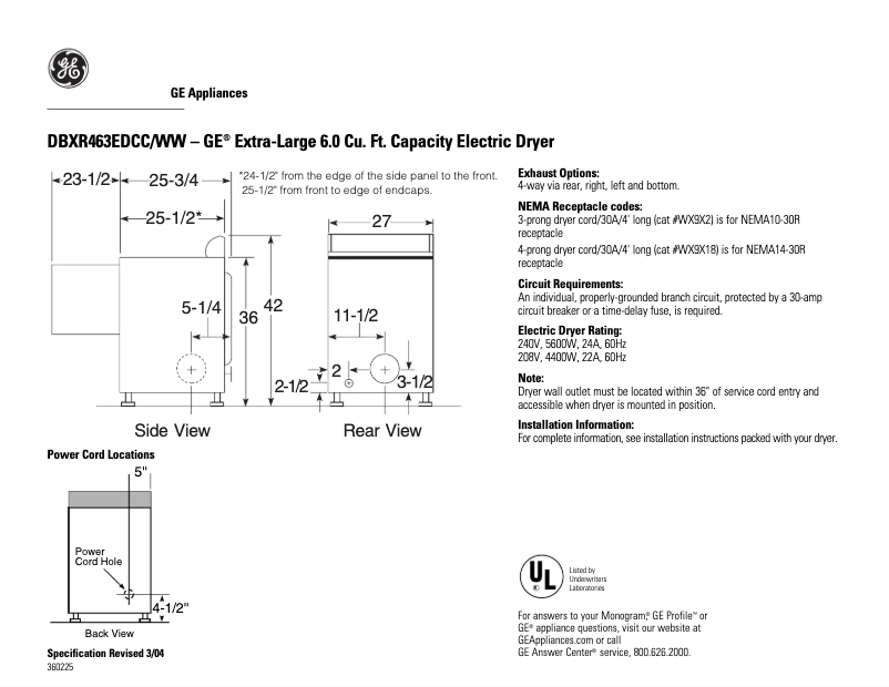 Page 1 de la notice Fiche technique GE DBXR463EDWW