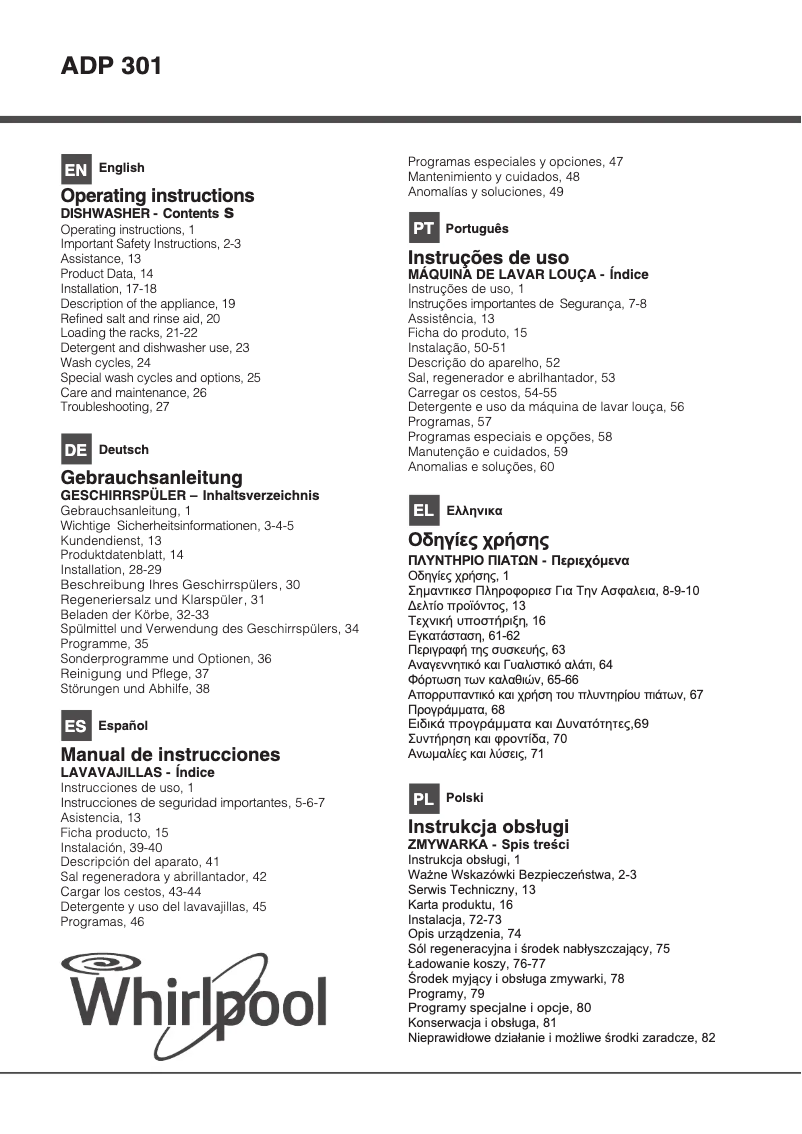 Page 1 de la notice Manuel utilisateur Whirlpool ADP 301 WH