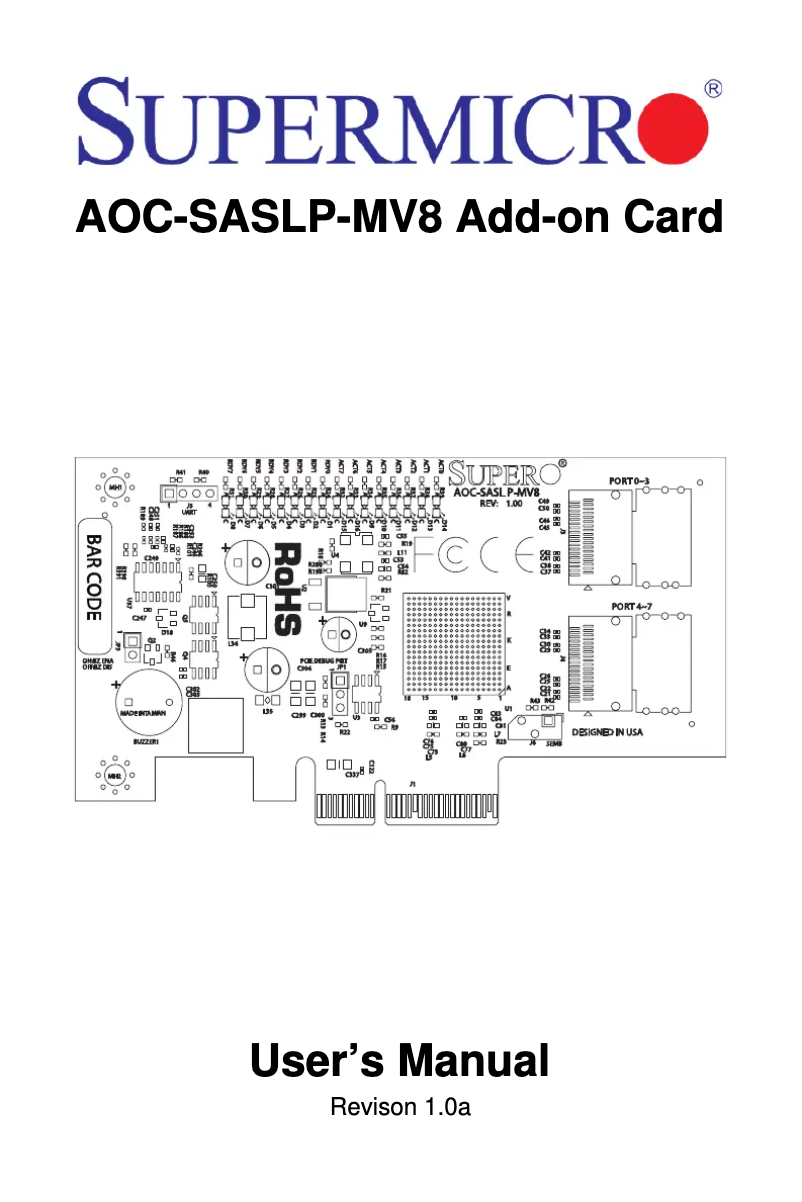 Page 1 de la notice Manuel utilisateur Supermicro AOC-SASLP-MV8