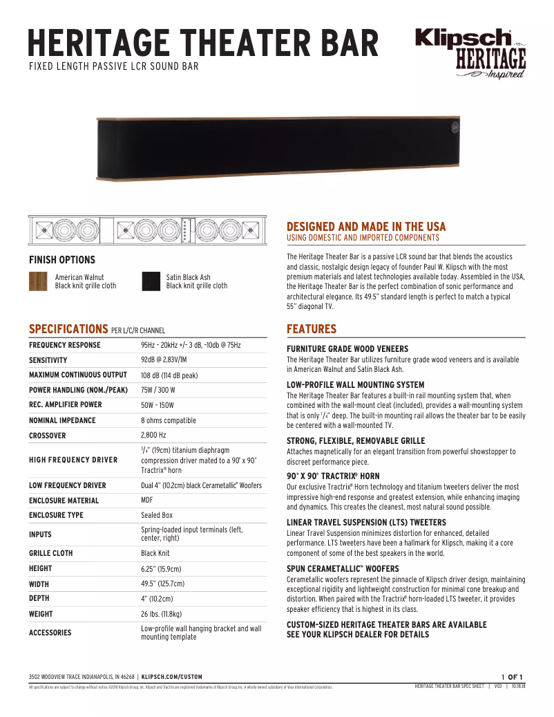 Page 1 de la notice Fiche technique Klipsch Heritage Theater Bar