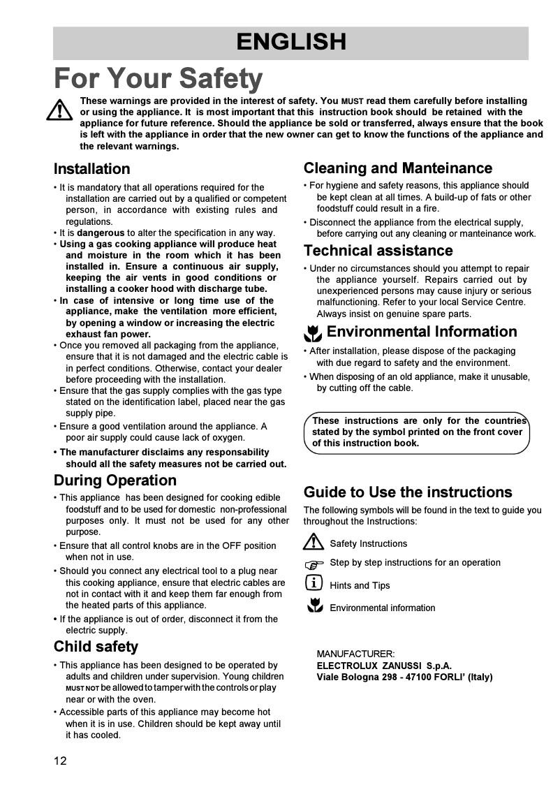 Page 1 de la notice Manuel utilisateur Zanussi ZGF64WK