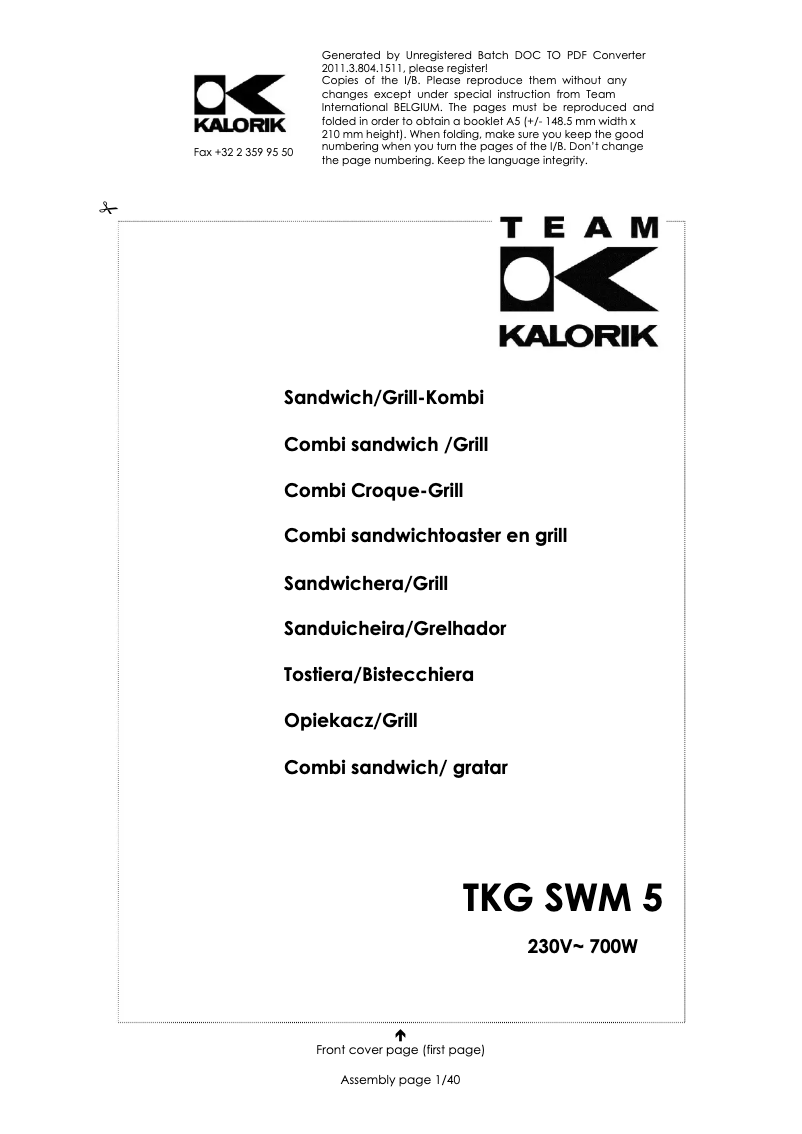 Page 1 de la notice Manuel utilisateur Kalorik TKG SWM 5