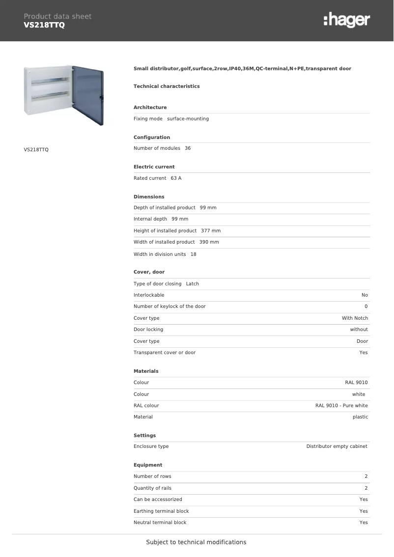 Page n°1 - Fiche technique Hager VS218TTQ