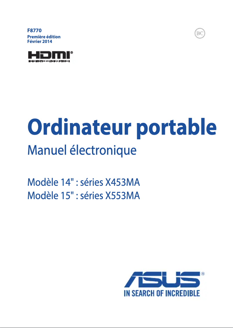 Page 1 de la notice Manuel utilisateur Asus X453MA