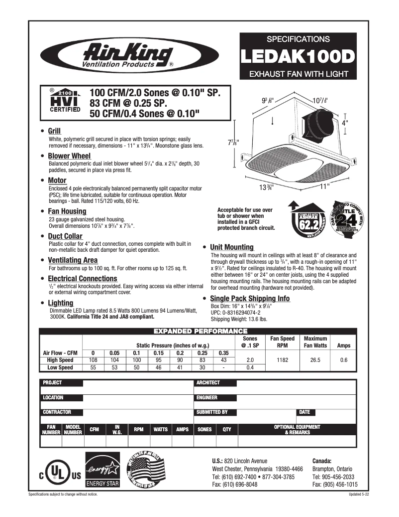 Page n°1 - Fiche technique Air King LEDAK100D