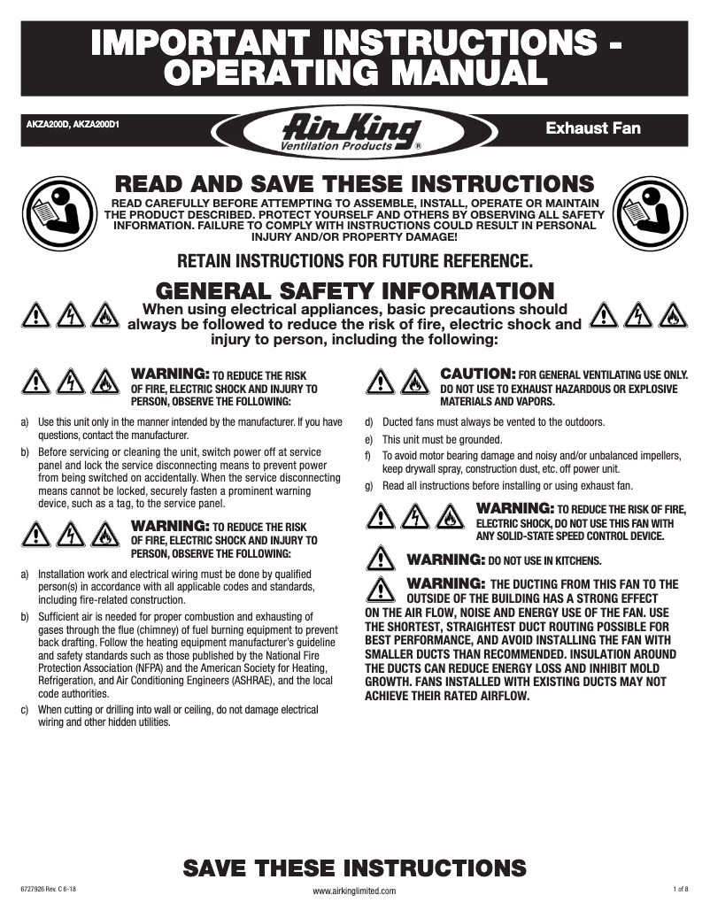 Page 1 de la notice Instructions / montage Air King AKZA200D